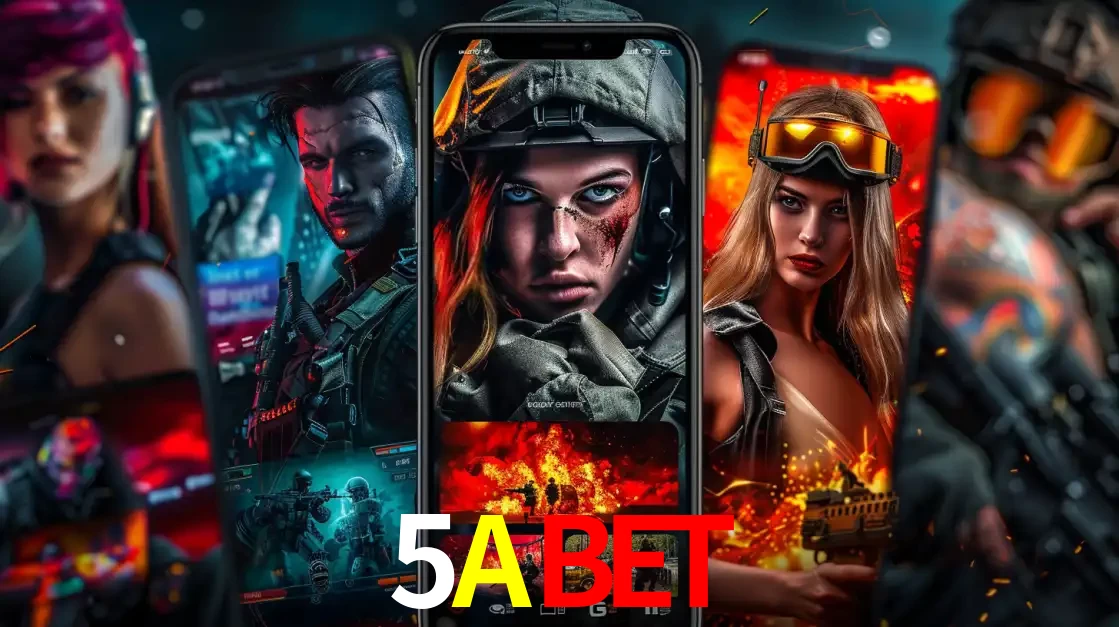 Montagem de telas de celular mostrando diversos personagens, masculinos e femininos, de um jogo de tiro, ilustrando a diversidade de equipes de e-sports para apostar no 5ABET.
