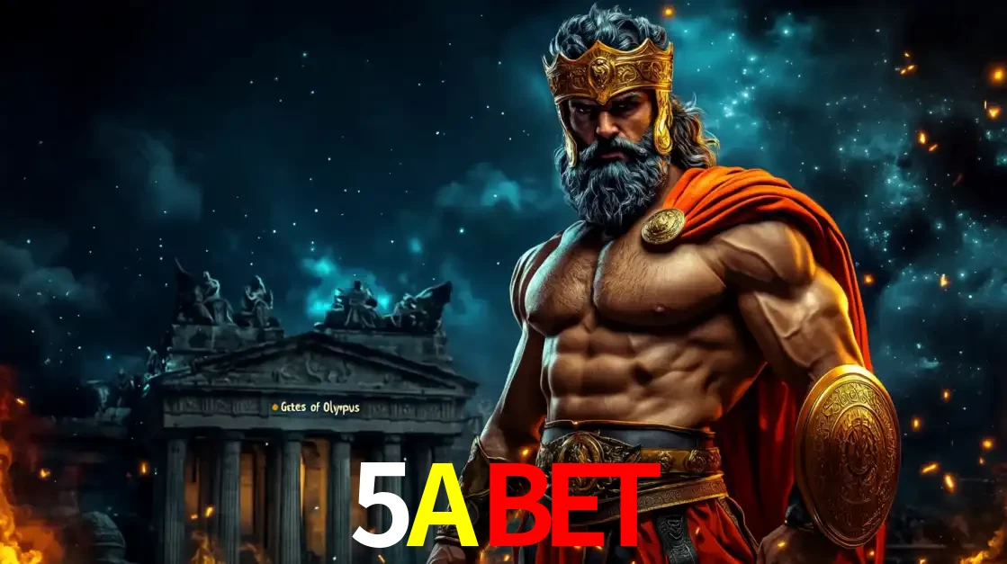 O poderoso Zeus do jogo de slot Gates of Olympus em frente ao seu templo, pronto para lançar multiplicadores divinos e prêmios épicos no cassino online 5ABET.