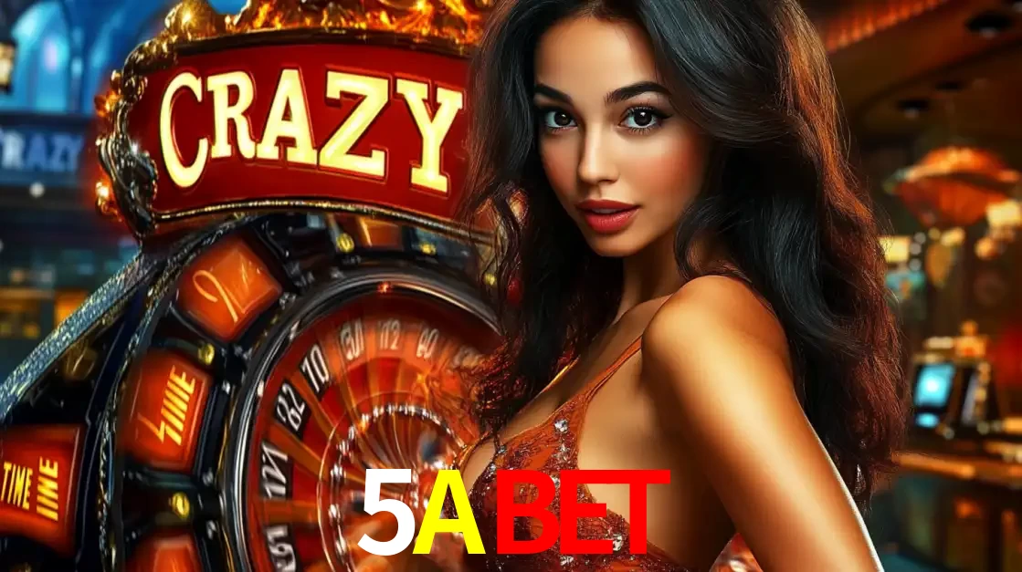 Mulher glamourosa olhando para a câmera com a roda vermelha do Crazy Time ao fundo em um ambiente de cassino, destacando a emoção dos jogos ao vivo no 5ABET.