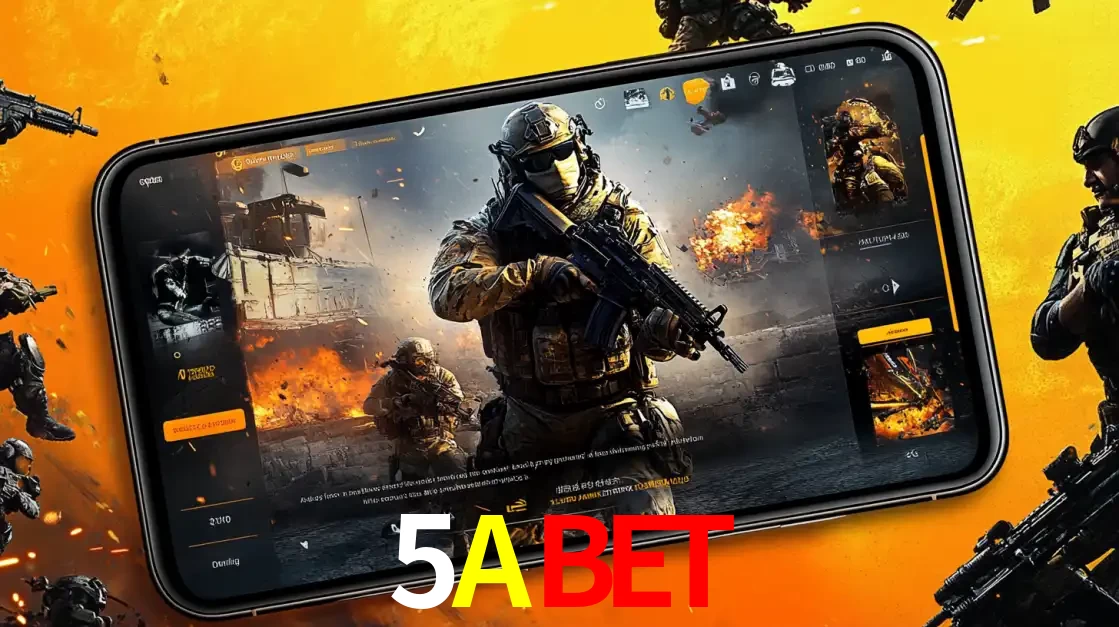 Um smartphone exibindo a interface de um jogo de tiro em primeira pessoa, com um soldado em um cenário de batalha, representando a ação dos e-sports para apostar no 5ABET.