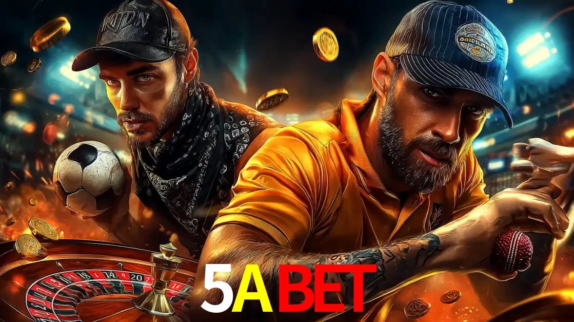 Montagem de apostas esportivas e cassino no 5ABET, com um homem segurando uma bola de futebol e outro uma de beisebol sobre uma roleta e moedas voadoras.