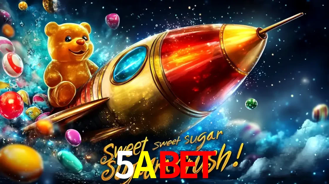Arte promocional do jogo de slot Sugar Rush, com um urso de pelúcia em um foguete viajando pelo espaço de doces, um dos jogos divertidos disponíveis no cassino 5ABET.