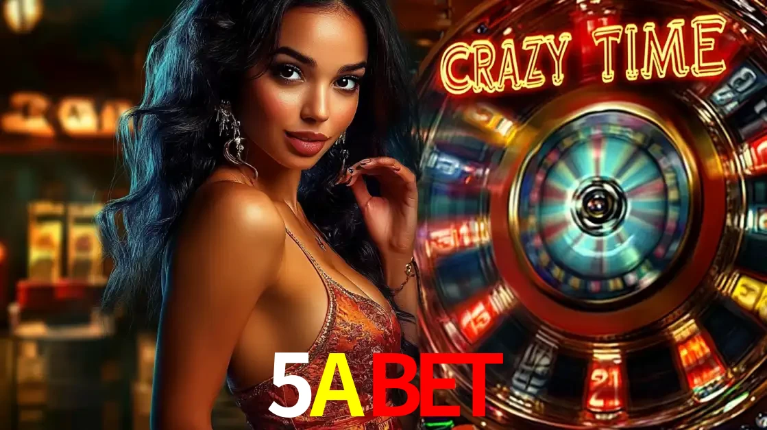 Mulher elegante ao lado da vibrante roda da fortuna do jogo de cassino ao vivo Crazy Time, um dos game shows mais populares e cheios de prêmios do 5ABET.