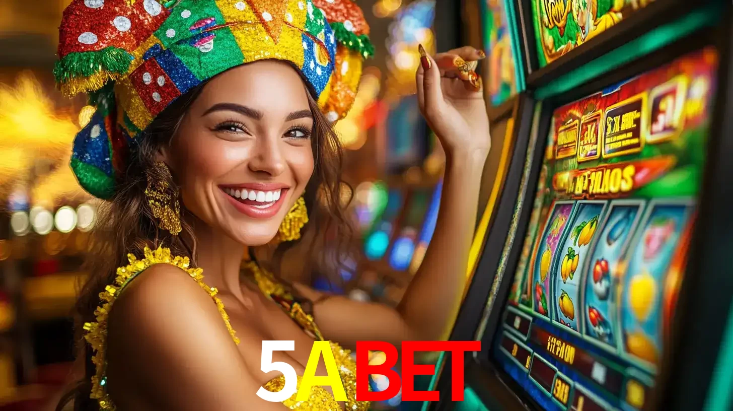 Mulher feliz com traje de carnaval amarelo e colorido ao lado de uma máquina de caça-níqueis, aproveitando a diversão e os jogos temáticos do cassino 5ABET.